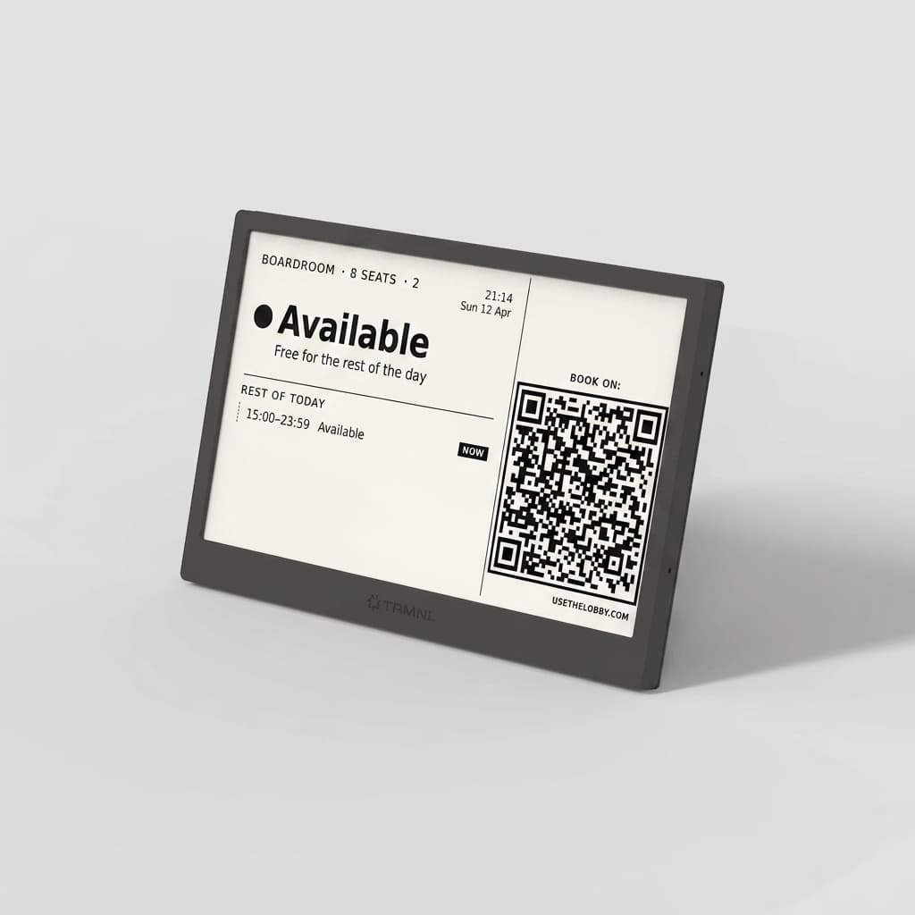 TRMNL 7.5-inch e-ink display showing the Boardroom availability screen — Available, free for the rest of the day, with a QR code for booking on usethelobby.com.