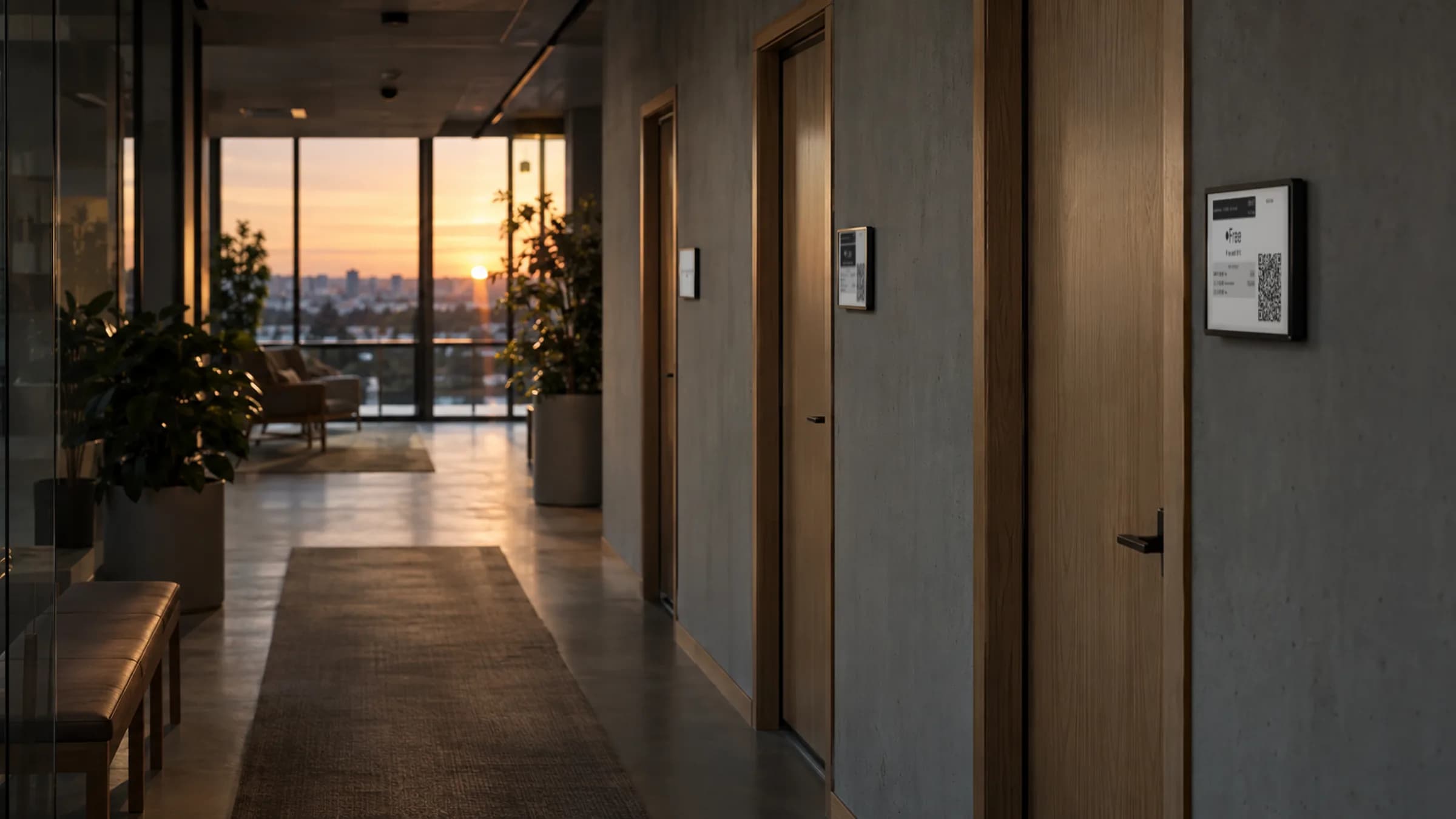 An empty office corridor at dusk with a row of Lobby e-ink displays beside the meeting room doors