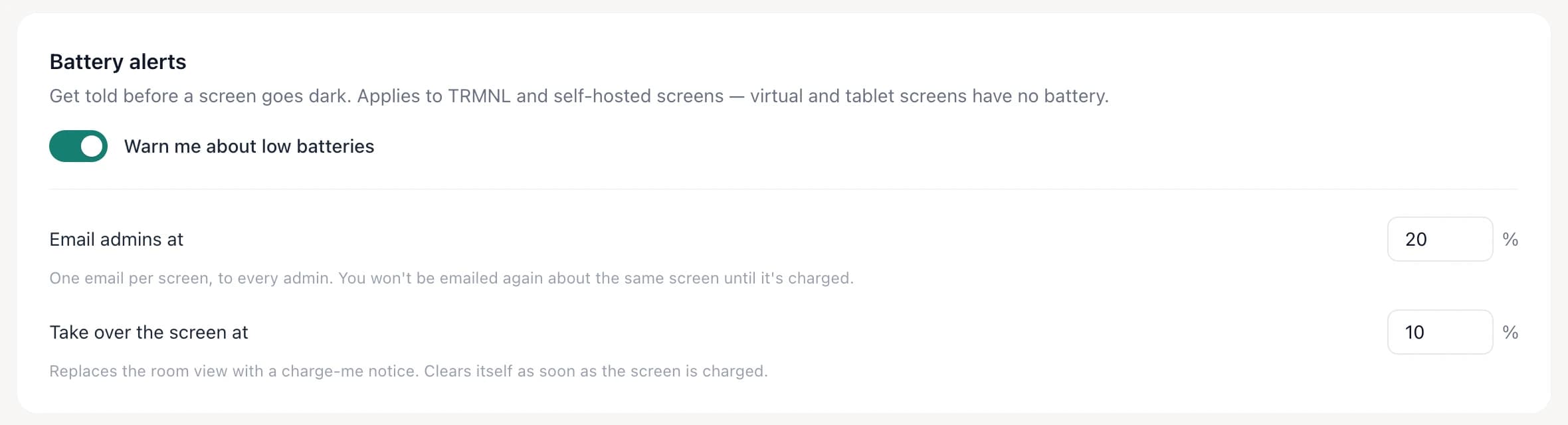 Lobby Room settings page with battery alerts switched on, an email threshold, an on-screen threshold and alert recipients