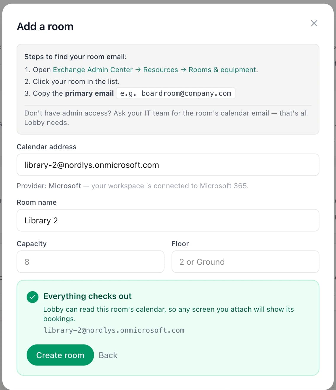 The Lobby Add a room form with step-by-step help for finding a room's calendar address and a confirmation that Lobby can read the room's calendar