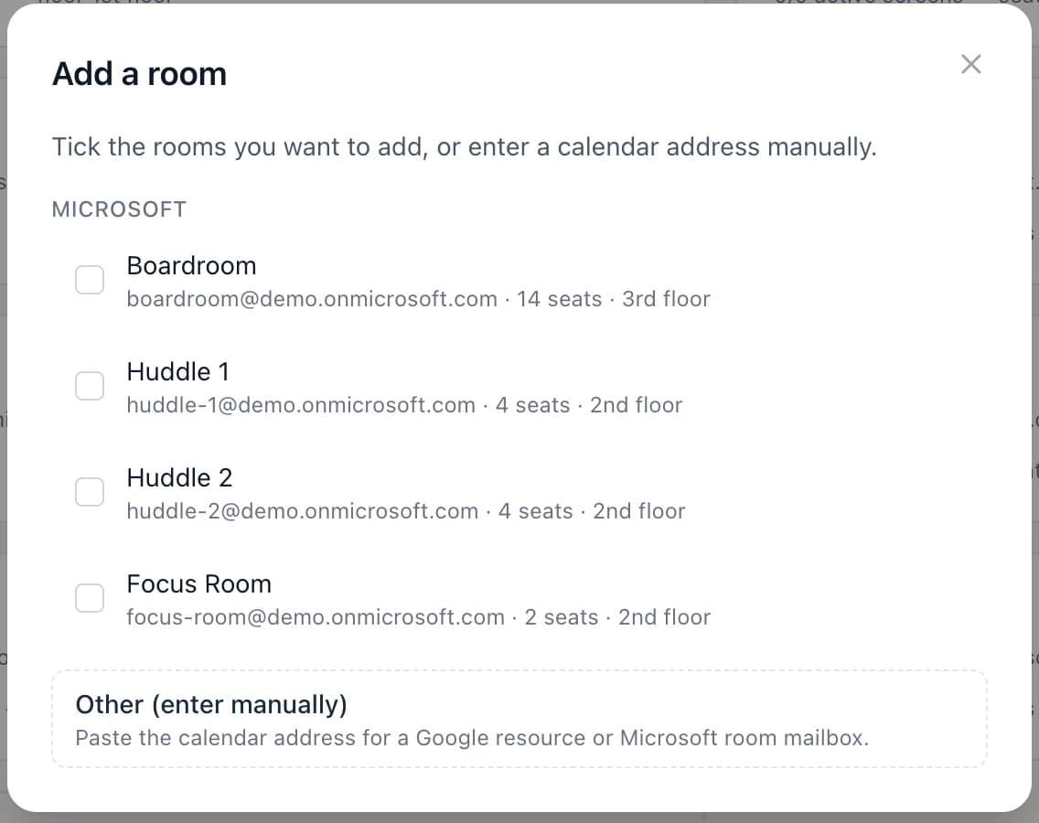 The Lobby Add a room dialog listing the Microsoft 365 room mailboxes it found automatically
