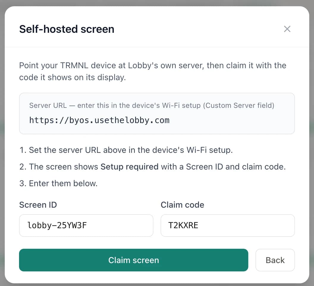 The Lobby dialog for claiming a self-hosted screen with its screen ID and claim code