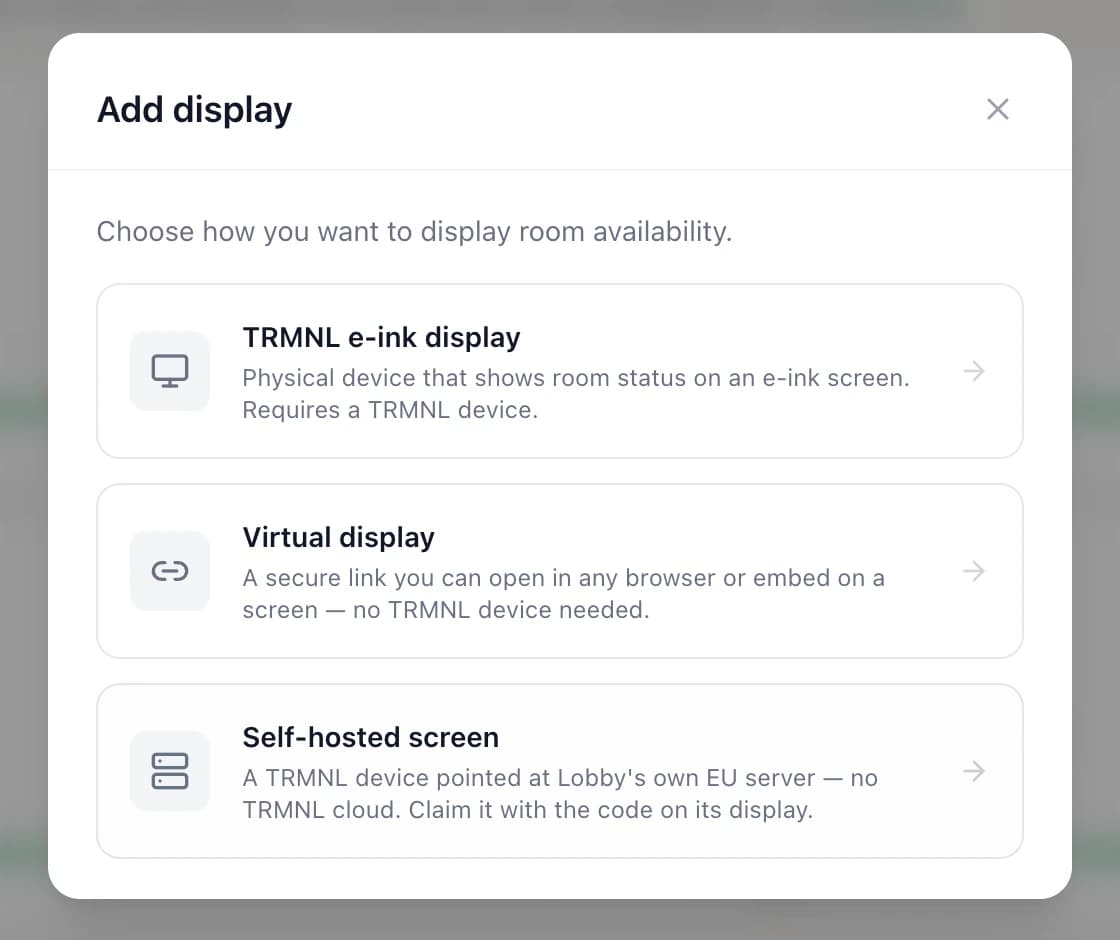 The Lobby Add a screen dialog with the Self-hosted screen option, and the step to enter the code shown on the panel