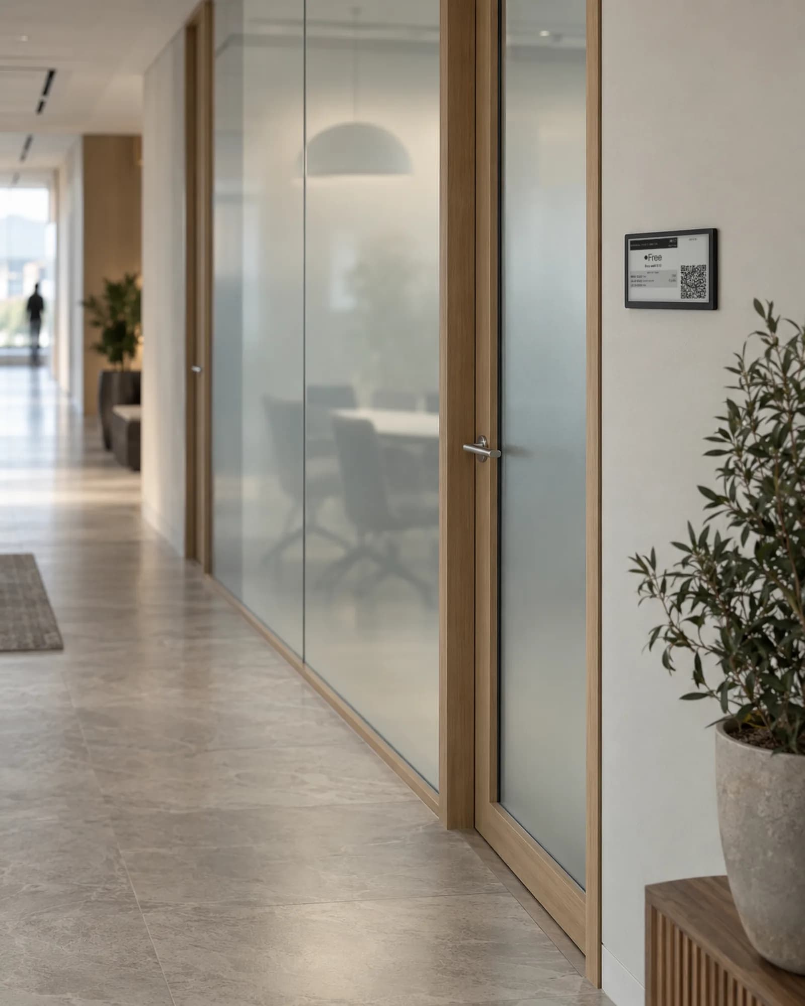 An e-ink meeting room display beside a frosted glass door in a quiet, formal office corridor