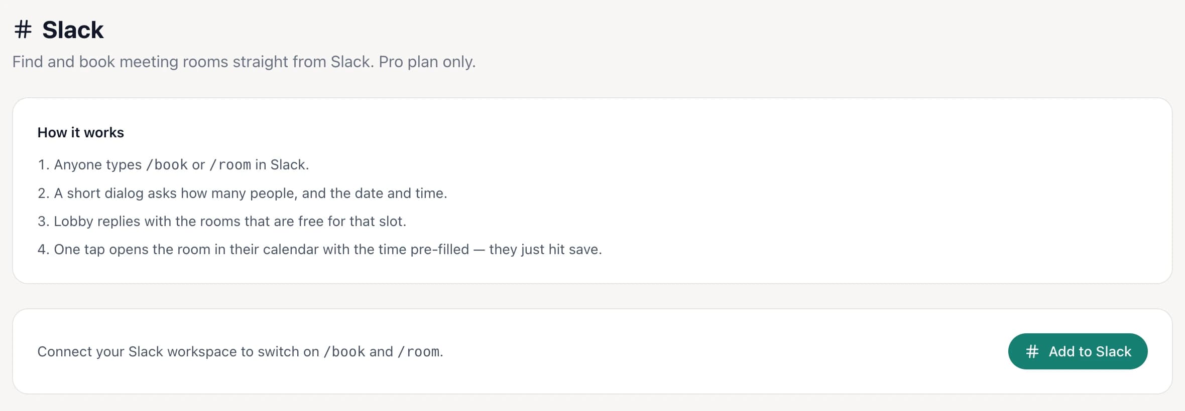 The Lobby dashboard Slack page with how the /book command works and an Add to Slack button