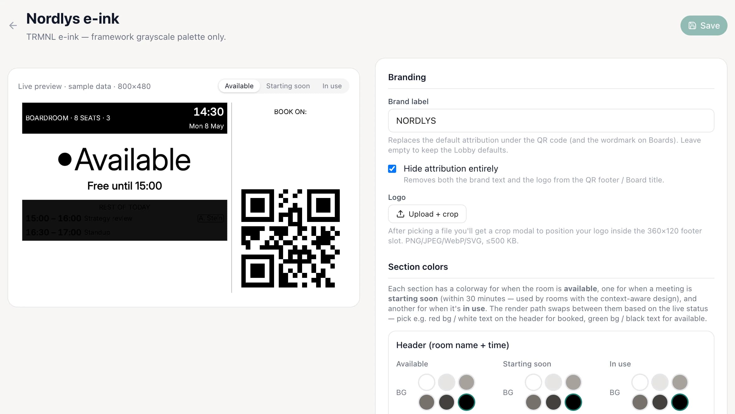 The Lobby template editor for an e-ink screen, with grayscale colours, a logo upload and a live preview