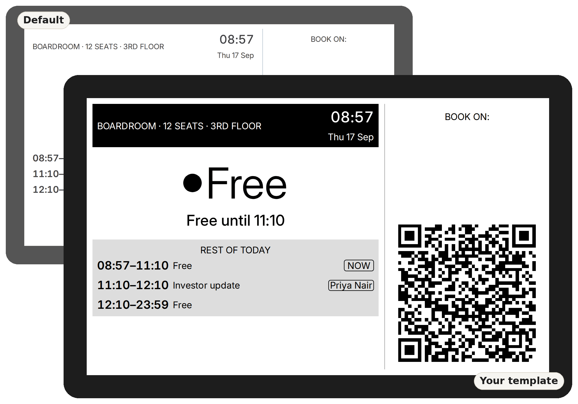 Two versions of the same Lobby e-ink display: the default design, and a custom template with the company's own logo and no Lobby attribution