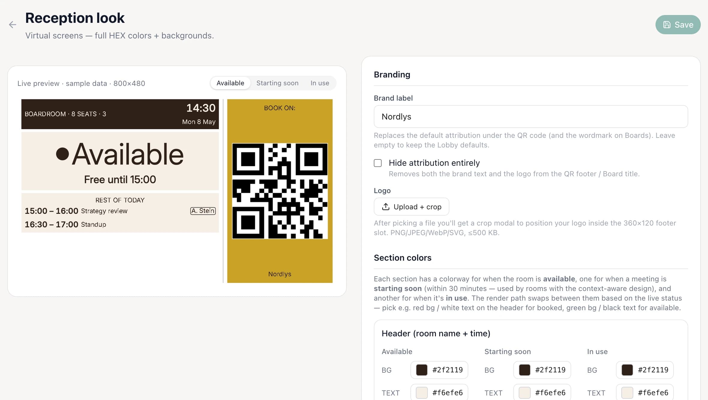 The Lobby template editor for a virtual screen, with a background photo, accent colour, text size and a live preview