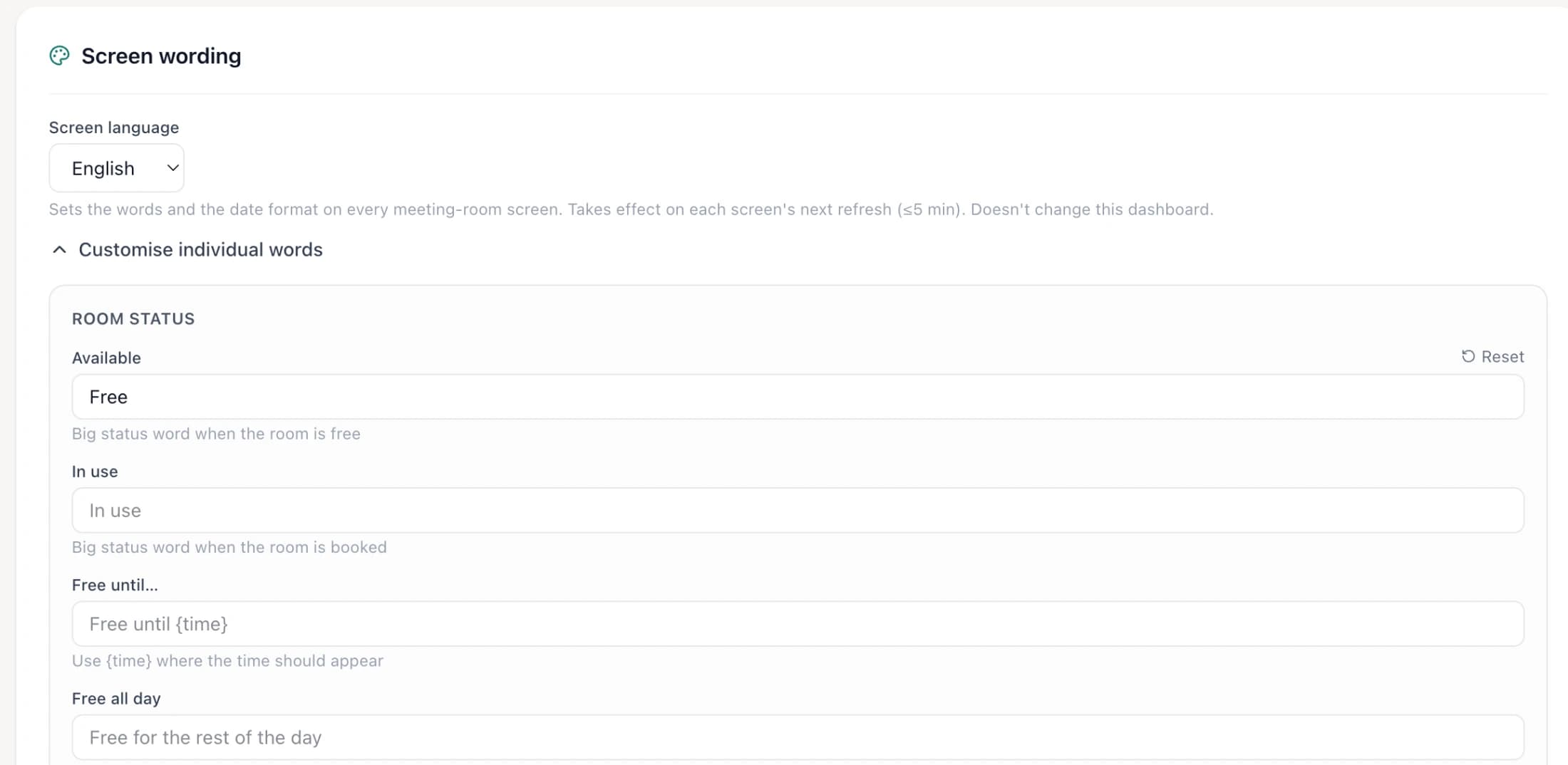 Lobby Room settings with the screen language selector and a custom phrase changing Available to Free