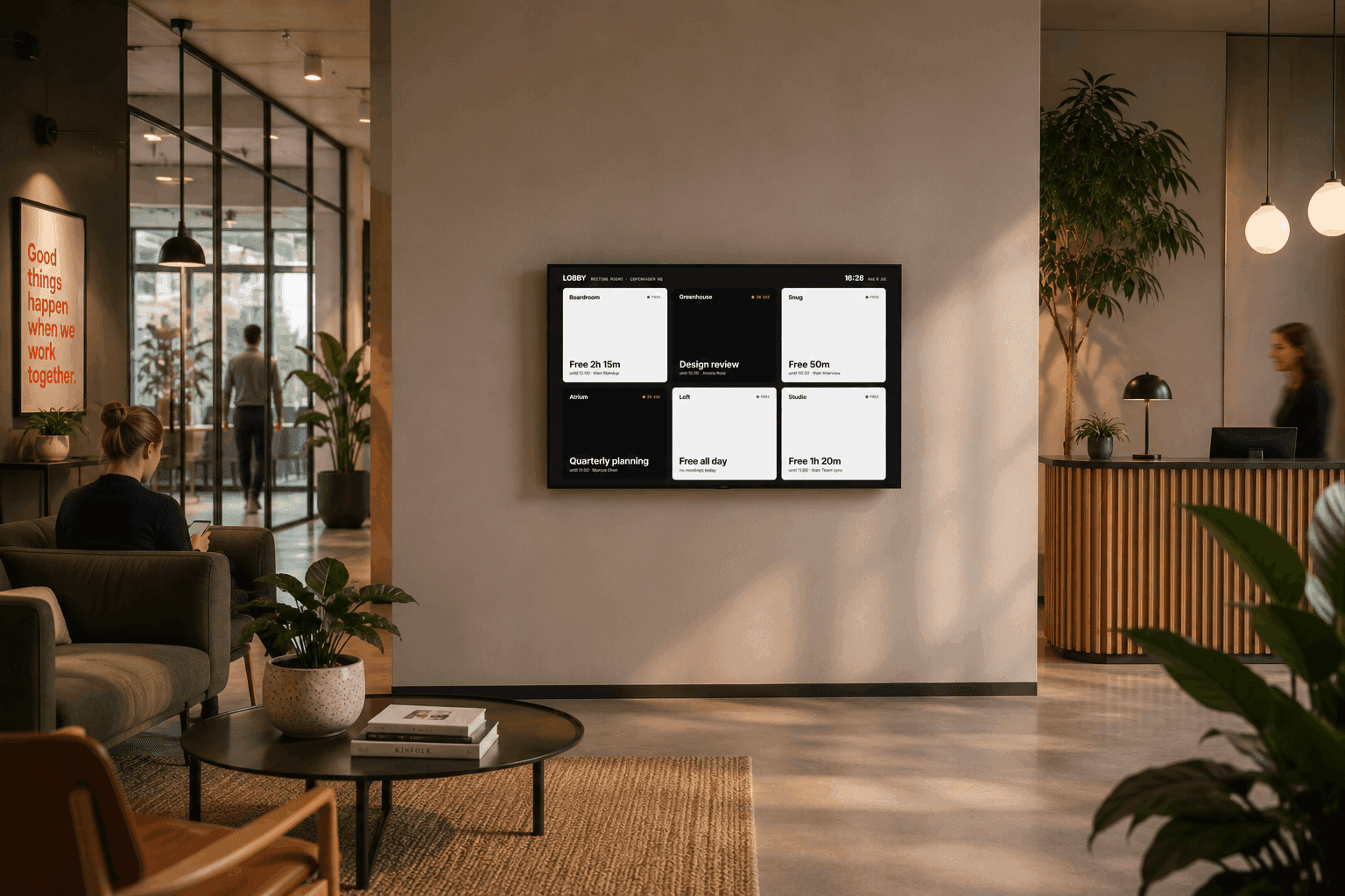 A TV showing every meeting room in the office on one board, free rooms light and in-use rooms dark
