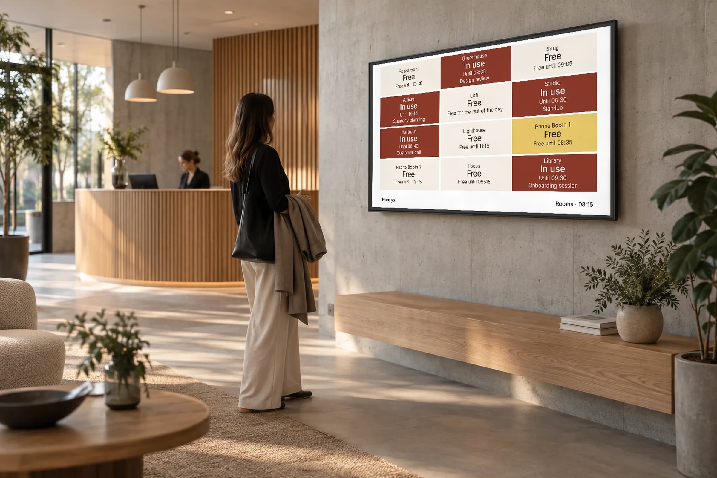 A reception TV showing a Lobby board of twelve meeting rooms, with free rooms light and rooms in use dark