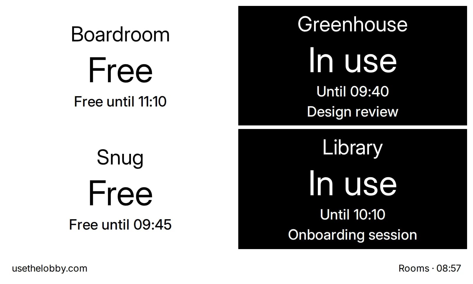 Lobby board on an e-ink panel showing four rooms on floor 3