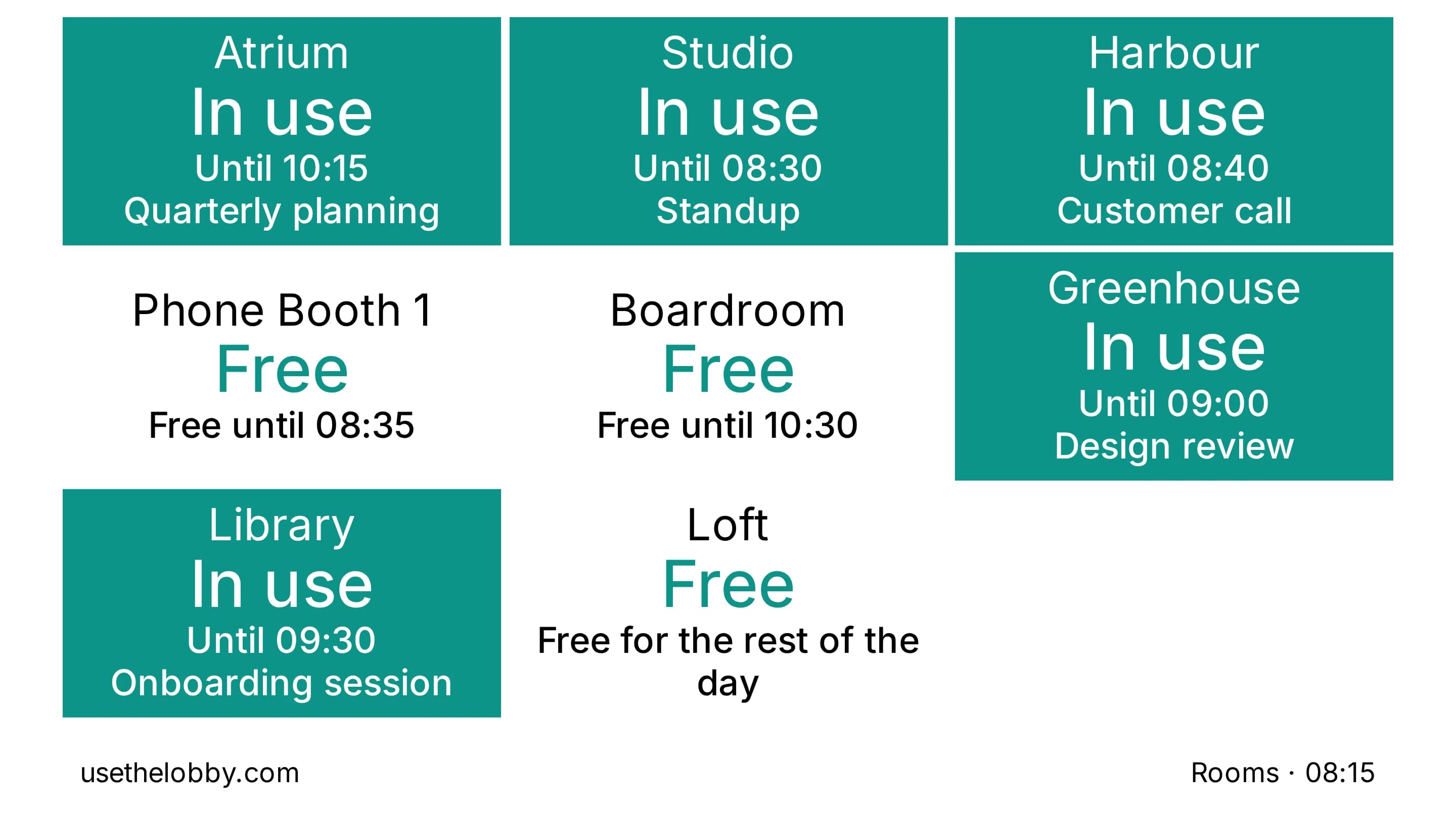 Lobby board on an e-ink panel showing eight rooms in a four by two grid