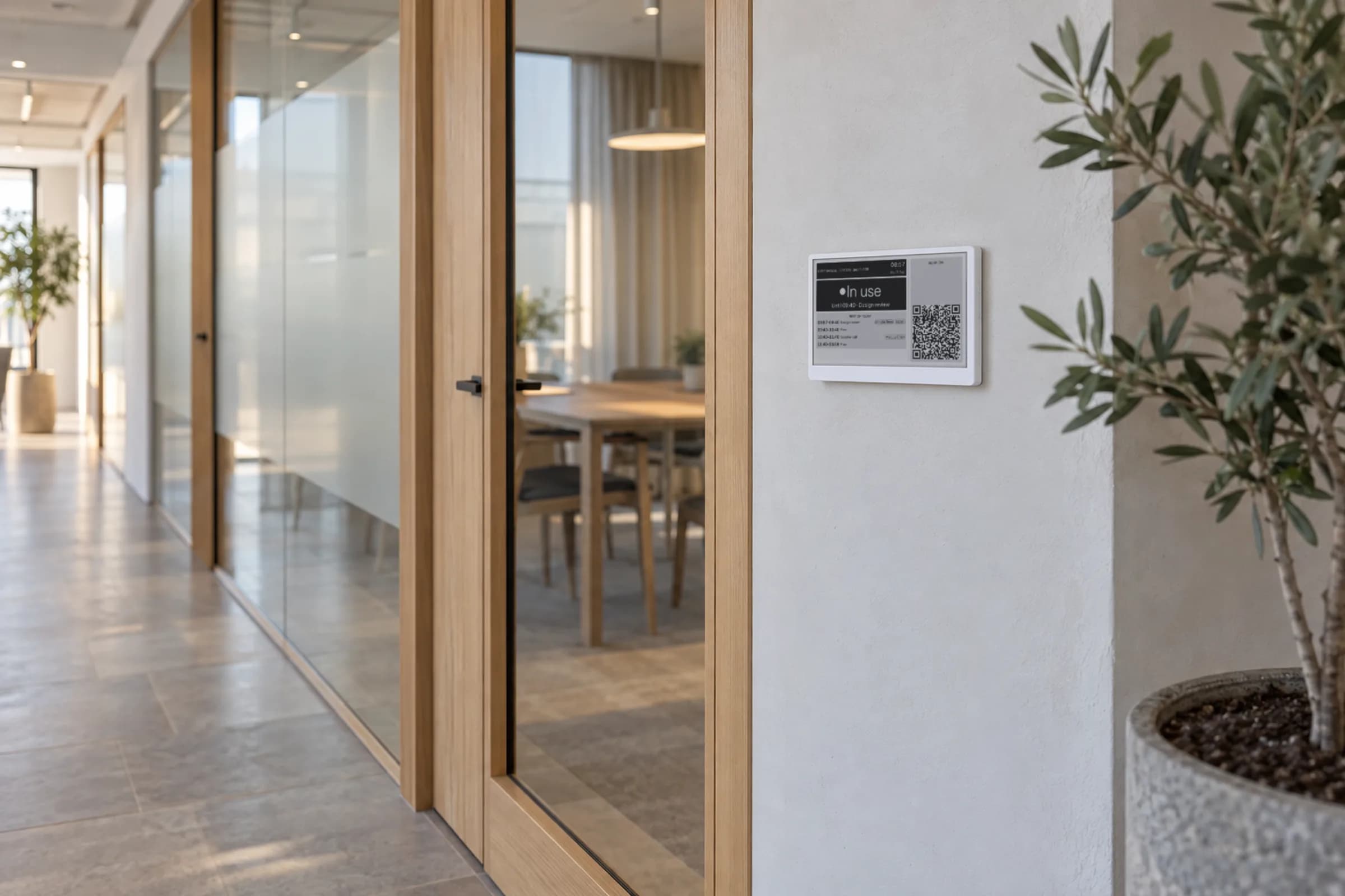 A white Lobby e-ink display on an office corridor wall showing the Greenhouse room in use for a design review until 10:30