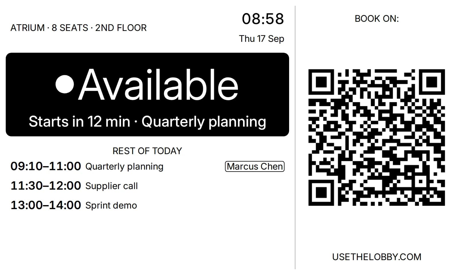 Lobby display showing the Atrium available but starting in 12 minutes for quarterly planning