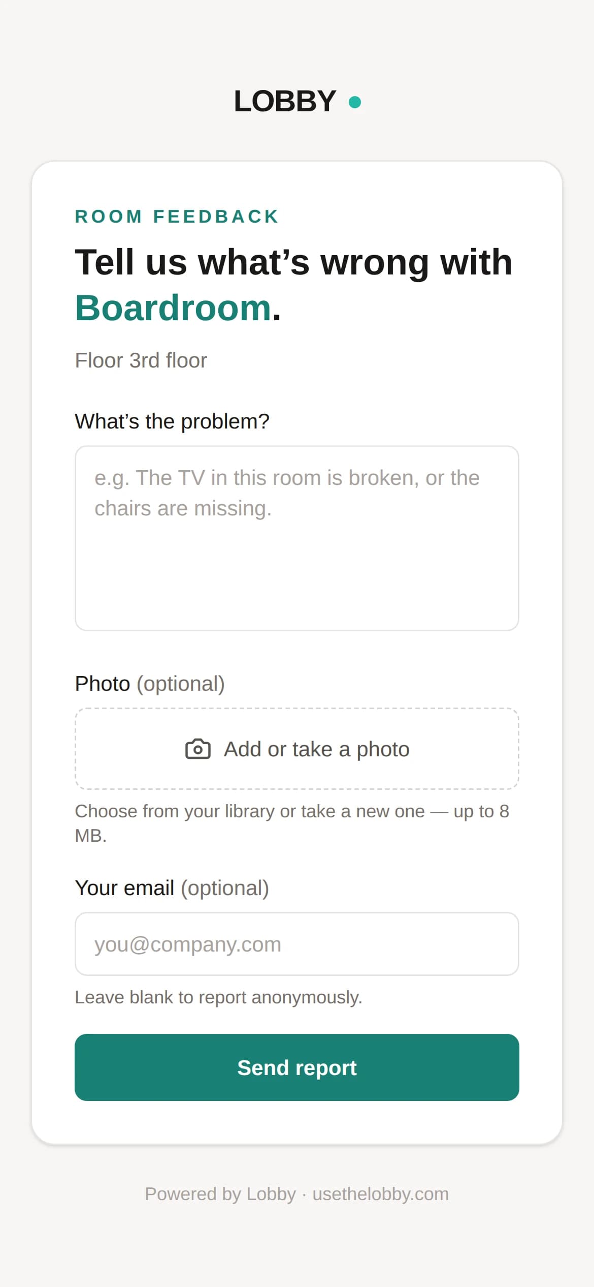 The Lobby room feedback form on a phone, with a description, an attached photo and an optional email