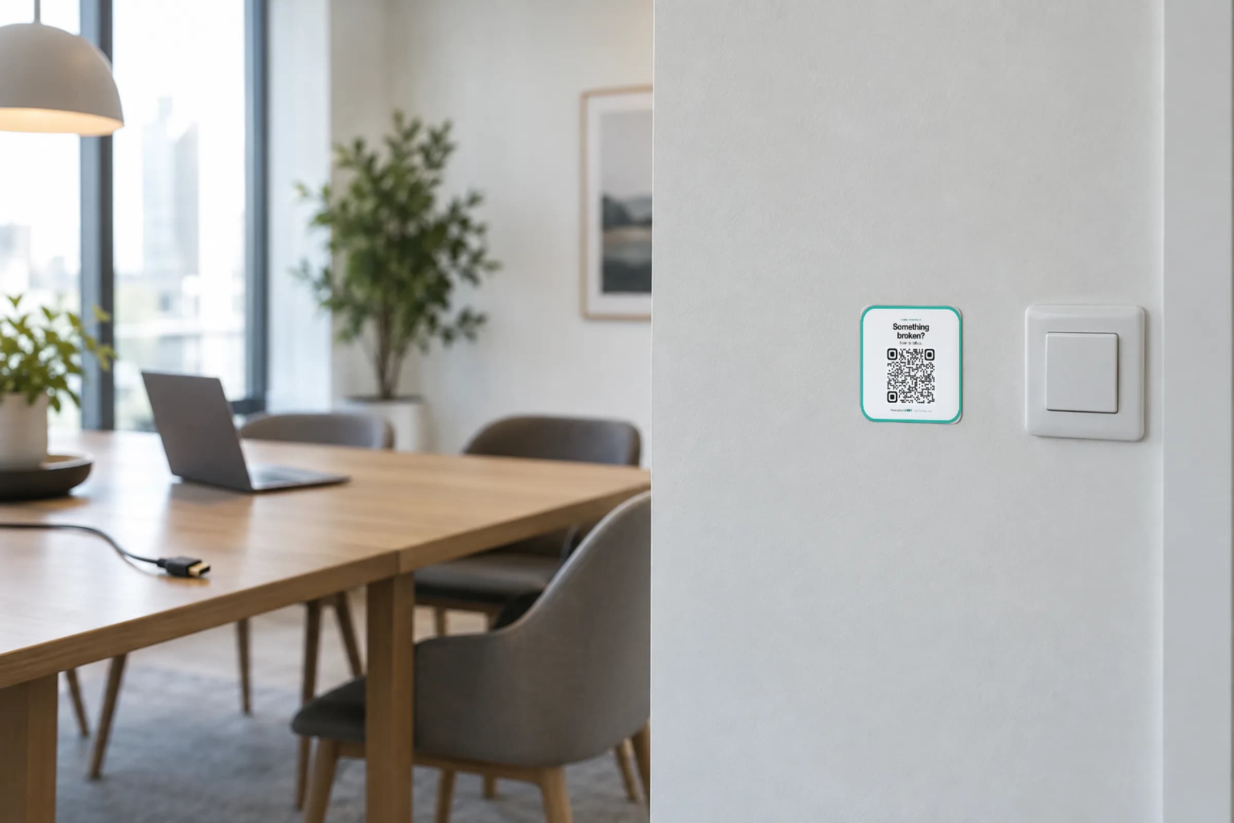 The Lobby room feedback sticker on a meeting room wall beside the light switch, with the meeting table and a loose HDMI cable in the background