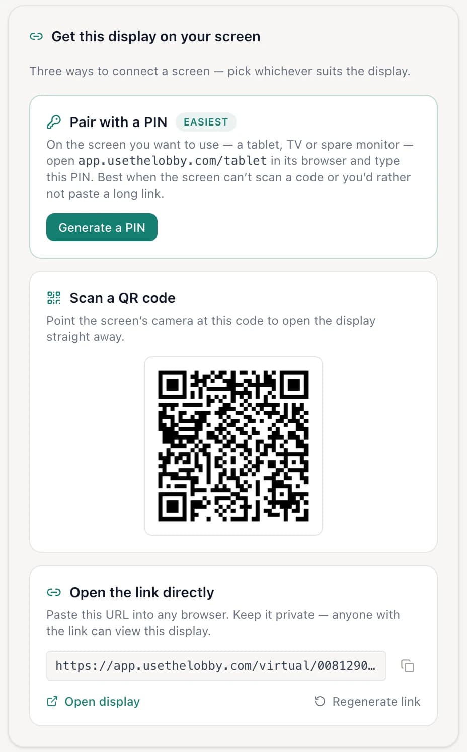 The Lobby dashboard card for connecting a virtual display with a PIN, a QR code or a direct link