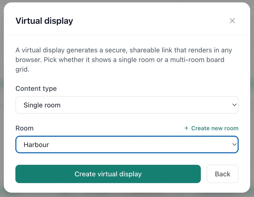 The Lobby dashboard dialog for creating a virtual display, with Single room selected and the Harbour room chosen