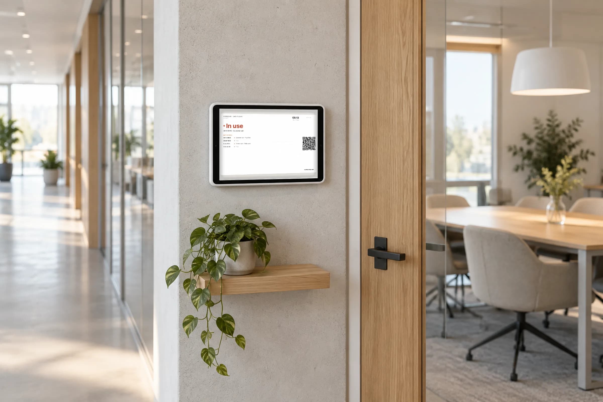 An iPad mounted beside a meeting room door running a Lobby virtual display that shows the Harbour room in use until 10:30