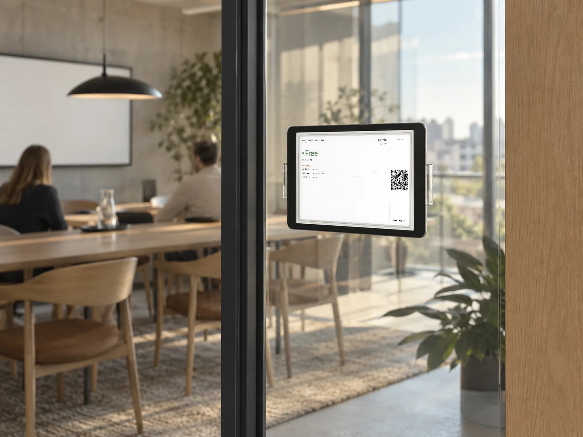 An iPad showing a Lobby virtual display of a single meeting room