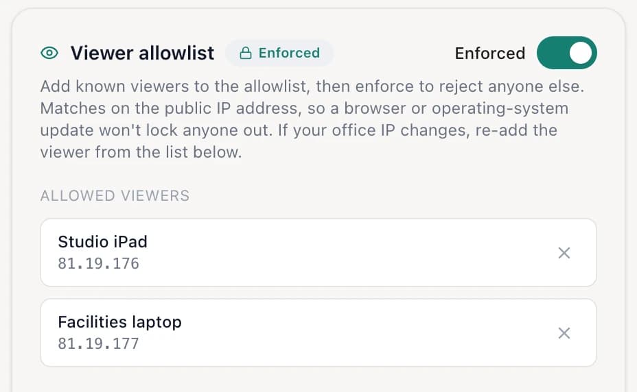 Lobby dashboard settings for the Studio virtual display with viewer locking switched on and two approved devices listed