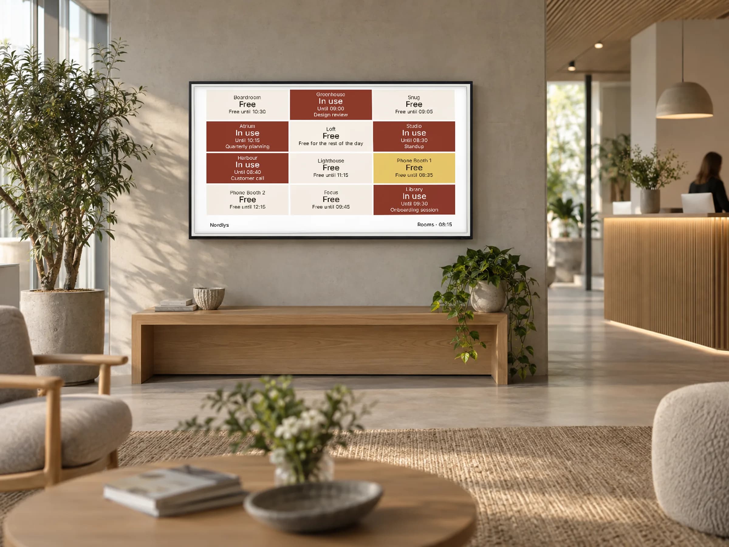A smart TV showing a Lobby virtual display of a reception board of meeting rooms