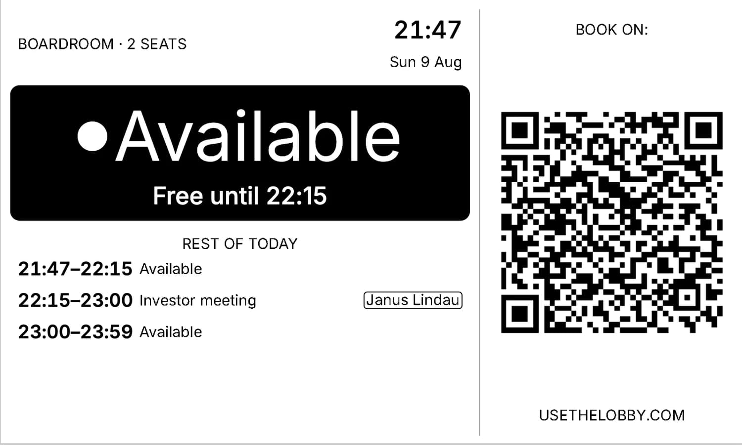 Meeting room display showing the Boardroom is available and free until 22:15, with a booking QR code