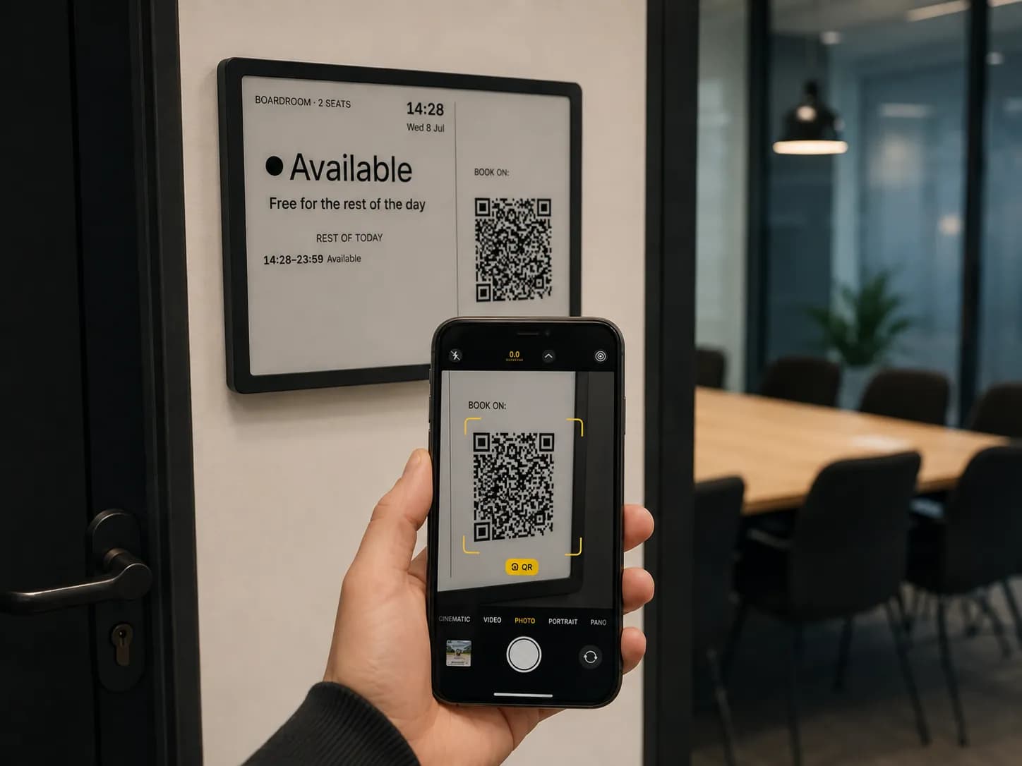 A person scanning the QR code on an e-ink meeting room display with their phone to book the room