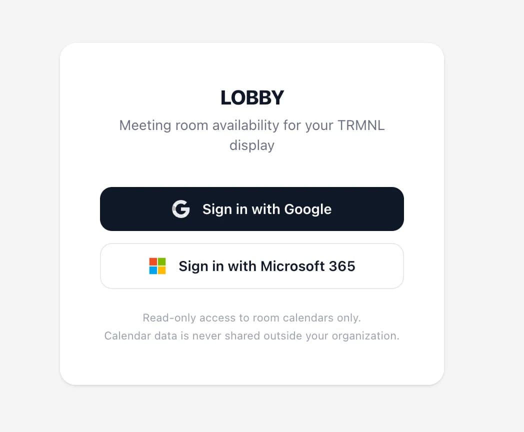 The Lobby setup flow: connect a calendar, pick rooms, and open the display on a screen