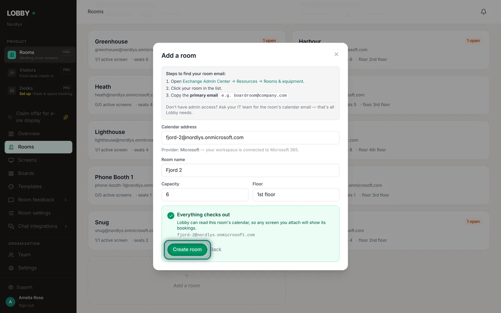 A green check means any screen you attach will show this room's bookings.