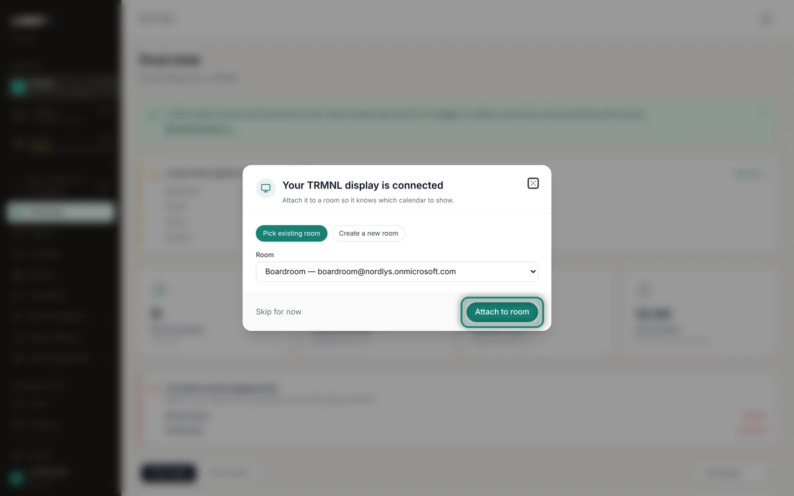 Attach a newly connected TRMNL display to a room.