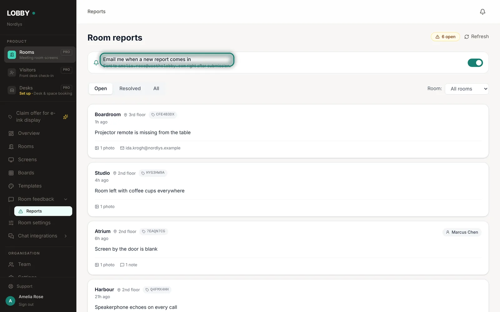Room reports in one inbox.