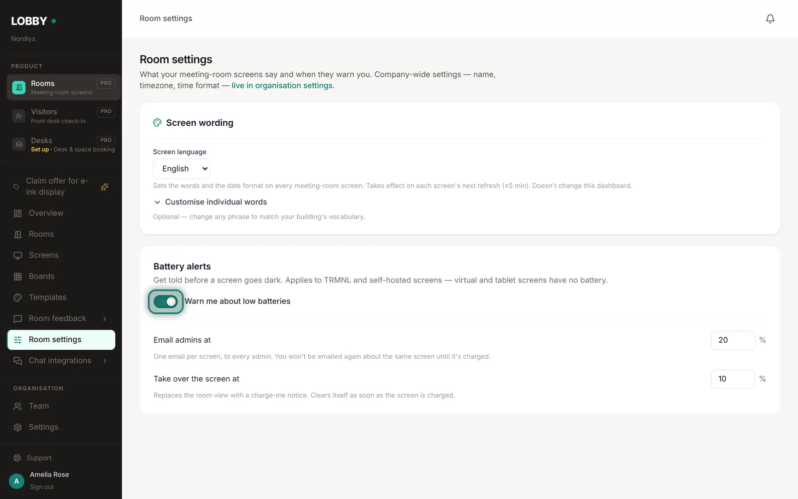 Battery alerts email admins and can take over a screen.