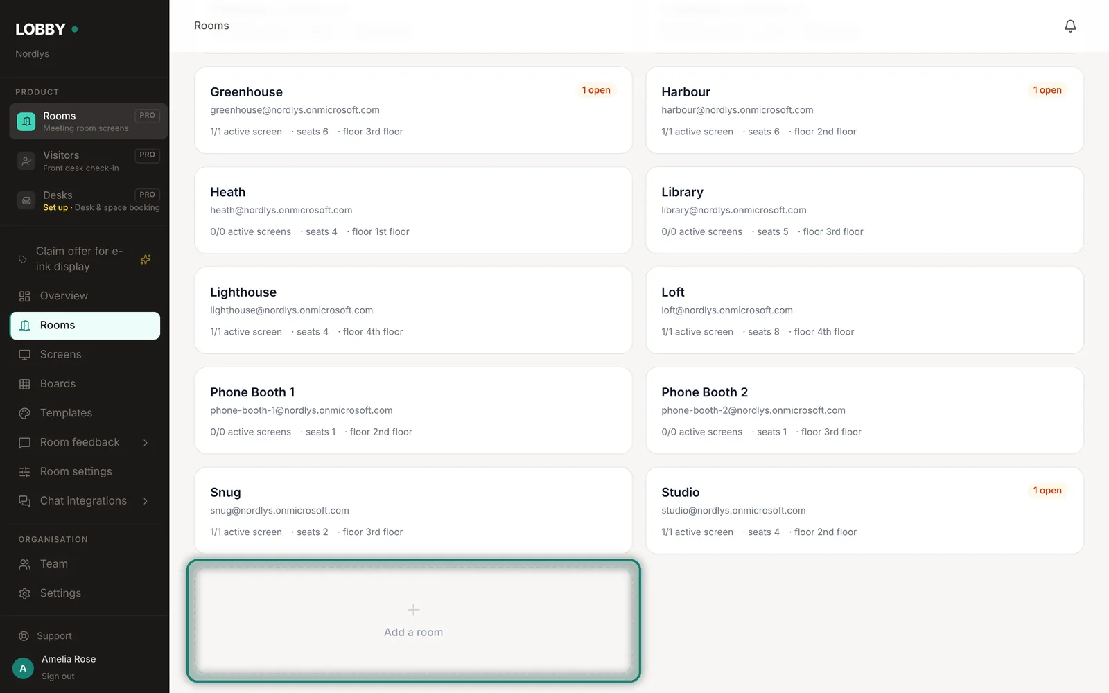 All your meeting rooms, with the Add a room card after them.