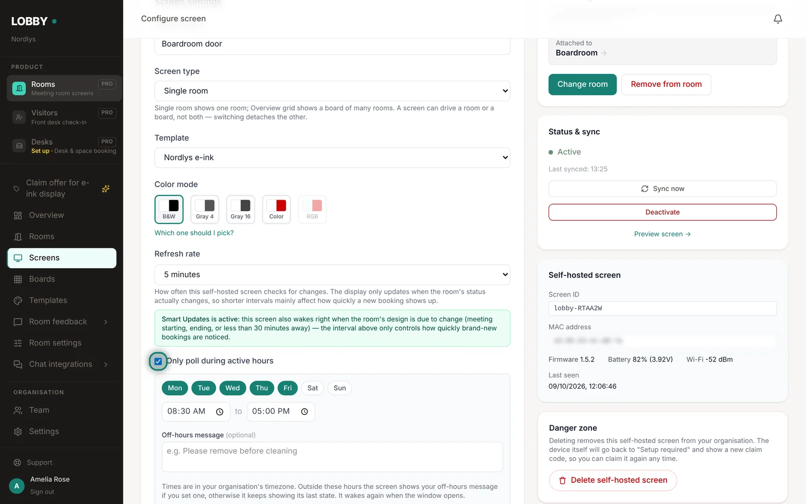Refresh rate, Smart Updates and active hours for a self-hosted screen.