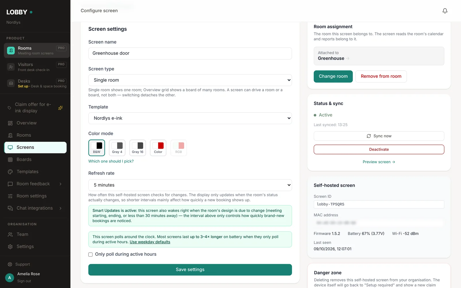 A self-hosted screen's details.