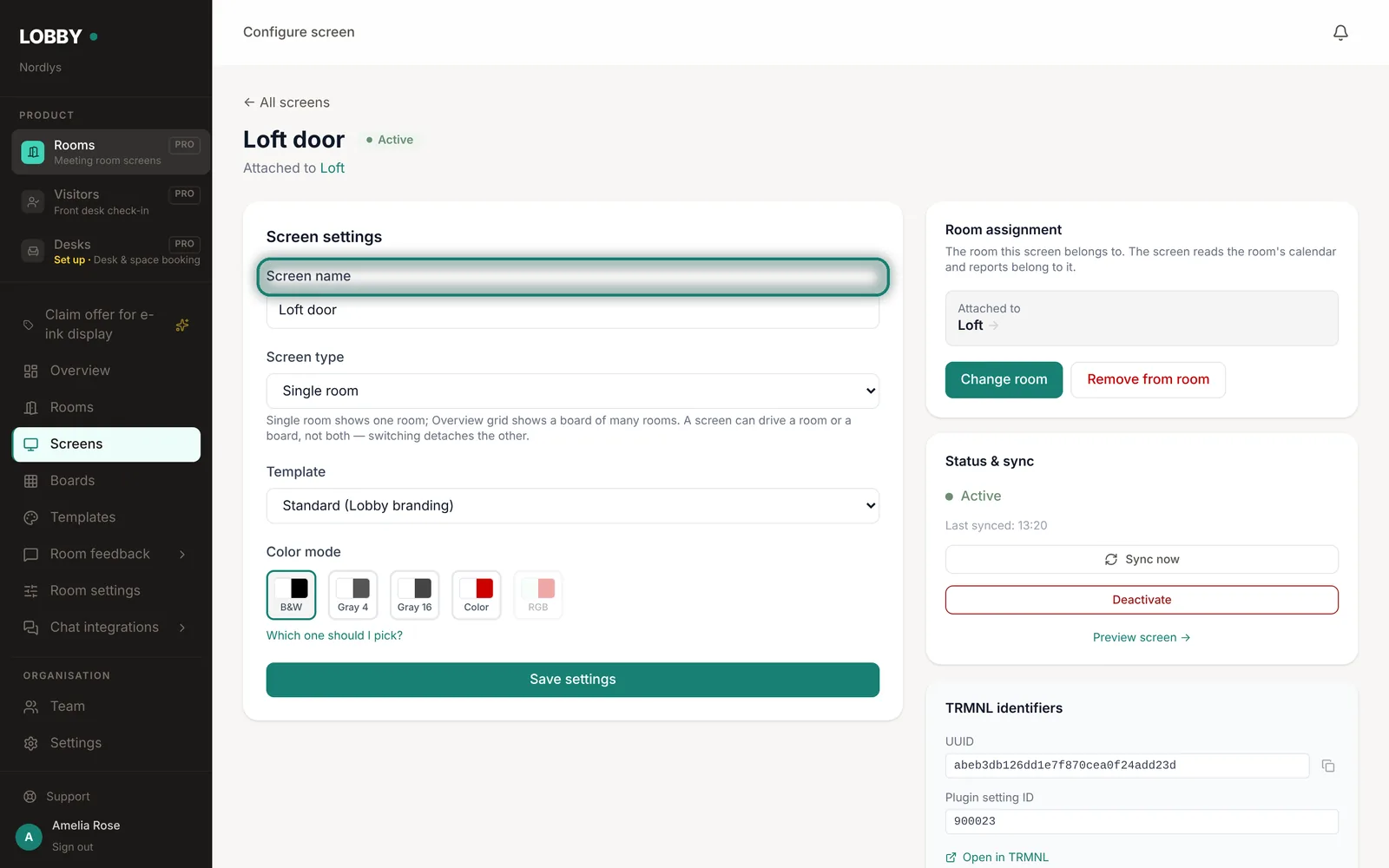 A screen's page: its name, type, template and colour mode.