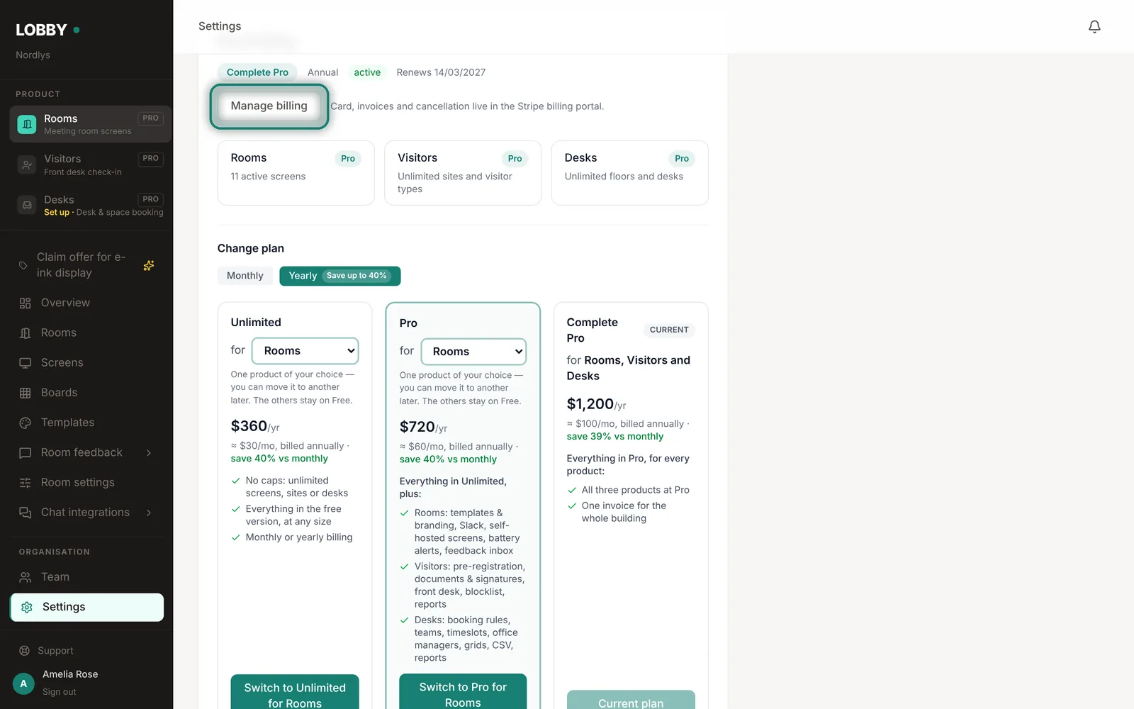 Plan & billing shows your plan for each product.