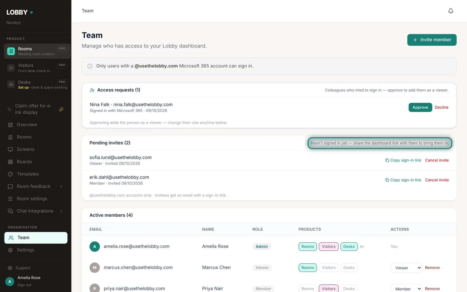 Everyone with access, their role and pending invites.