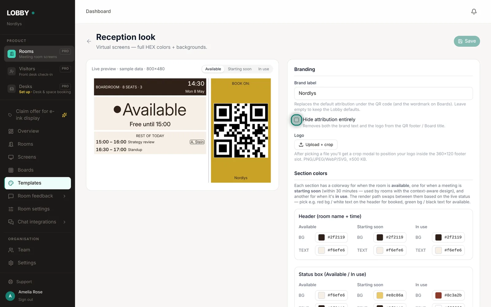 Add your logo, colours and background, with a live preview.