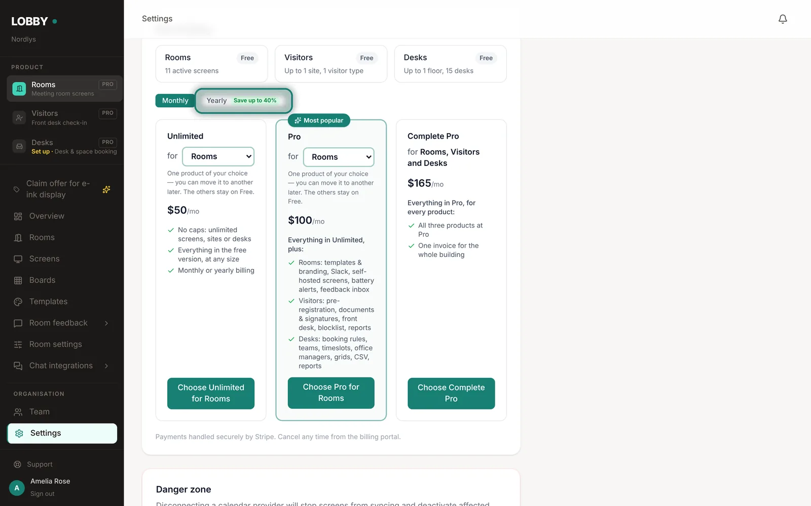 Pick Monthly or Yearly, a plan, and which product it's for.
